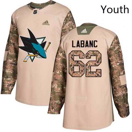 Youth Adidas San Jose Sharks 62 Kevin Labanc Authentic Camo Veterans Day Practice NHL Jersey